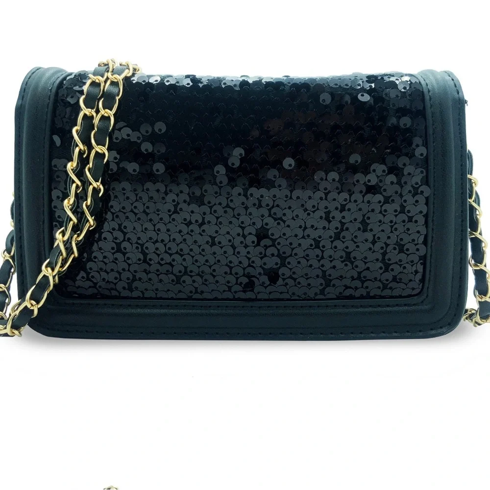NWT Badgley Mischka Black Sequin Satin & Vegan Leather Crossbody Clutch Money‎